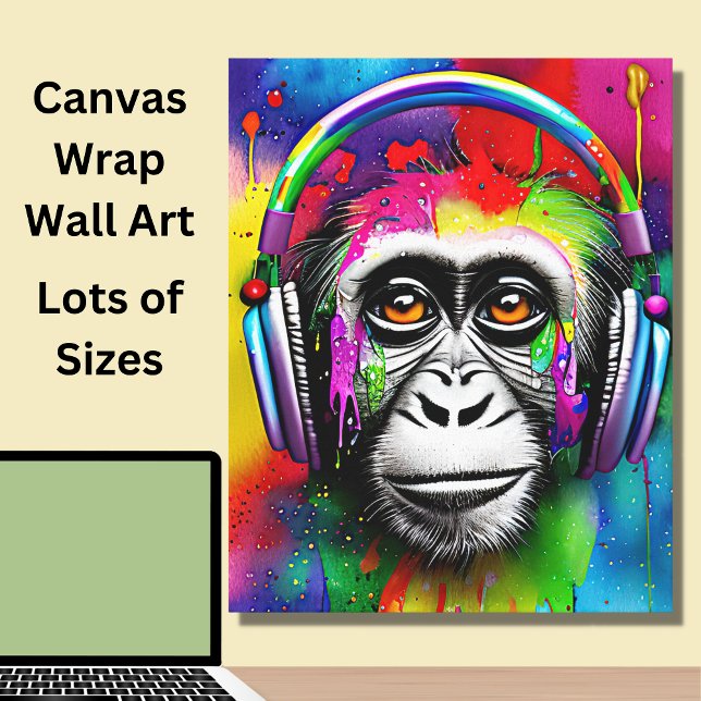 Farbenfroher, gestrichener Affe mit Kopfhörern Leinwanddruck (Von Creator hochgeladen)