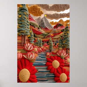 Farbenfroher gestrickter Stil Bergblumenlandschaft Poster