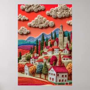 Farbenfroher gestrickter Stil Dorf Whimsical Wolke Poster