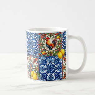 Farbenfroher Hahn, Mittelmeer, Mosaik, Zitrone, Kaffeetasse