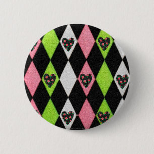 Farbenfroher Harlekin-Druck mit Rosenherzen Button