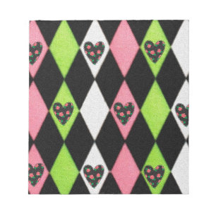 Farbenfroher Harlekin-Druck mit Rosenherzen Notizblock