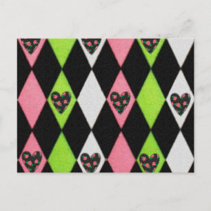 Farbenfroher Harlekin-Druck mit Rosenherzen Postkarte