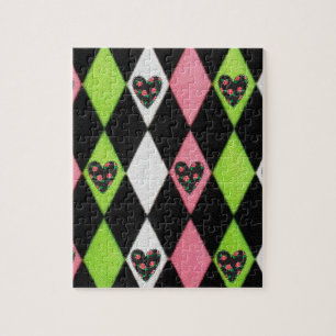 Farbenfroher Harlekin-Druck mit Rosenherzen Puzzle