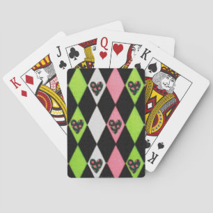 Farbenfroher Harlekin-Druck mit Rosenherzen Spielkarten