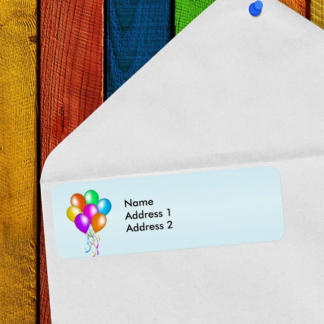 Farbenfroher Hauch von Balloons (Bright bunch colourful balloons streamers on blue return address labels.)