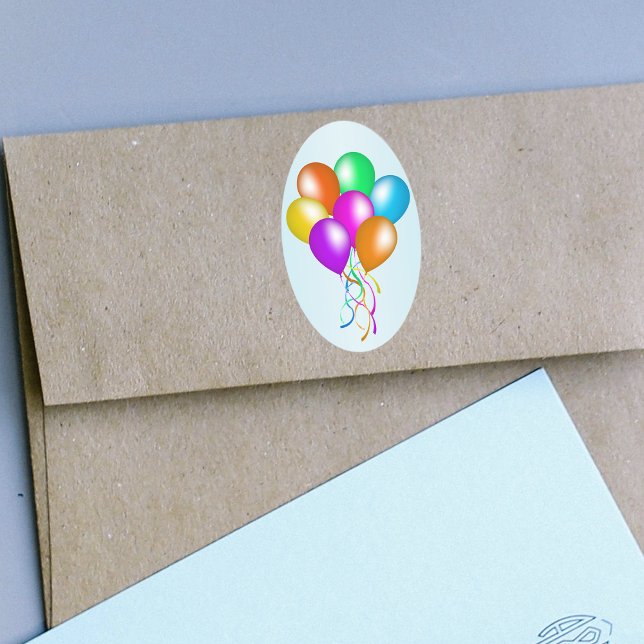 Farbenfroher Hauch von Balloons Ovaler Aufkleber (Bunch brightly coloured balloons streamers on oval light blue stickers.)