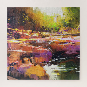 Farbenfroher Herbstfluss, Landschaftsmalerei. Puzzle