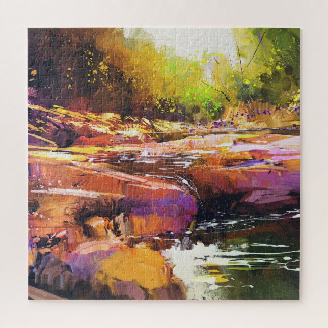 Farbenfroher Herbstfluss, Landschaftsmalerei. Puzzle (Vertikal)