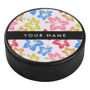 Farbenfroher Hibiskus, Blumenmuster, Ihr Name Eishockey Puck