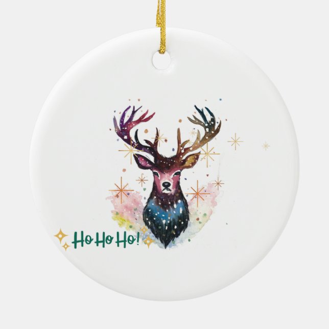 Farbenfroher Hirsch - Ho Ho Ho Keramik Ornament (Hinten)