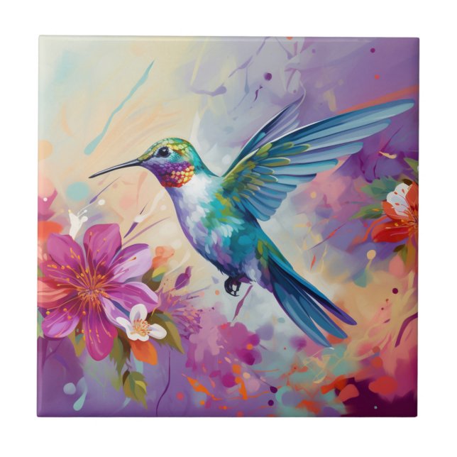 Farbenfroher Hummingbird mit Blume Fliese (Vorderseite)