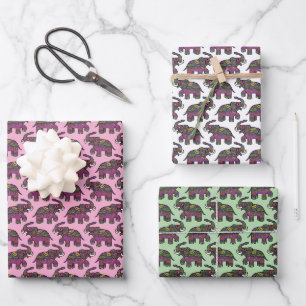 Farbenfroher indischer Mehndi-Elefant Multi-Color  Geschenkpapier Set