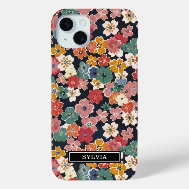 Farbenfroher japanischer Blumenprint mit Monogramm Case-Mate iPhone Hülle (Rückseite)