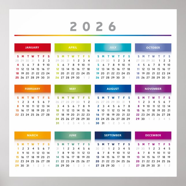 Farbenfroher Kalender 2026 - Regenbogenfarben 3 Sp Poster (Vorne)
