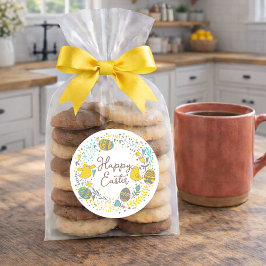 Farbenfroher Kraut von fröhlichen Hühnereiern und  Runder Aufkleber