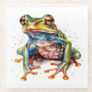 farbenfroher Laubfrosch in Aquarell Glasuntersetzer