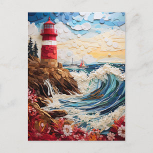Farbenfroher Leuchtturm in Papierschnitt Postkarte