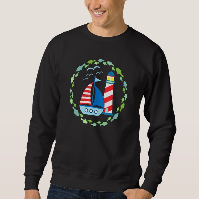 Farbenfroher Leuchtturm mit Segelboot und Möwen Sweatshirt (Vorderseite)
