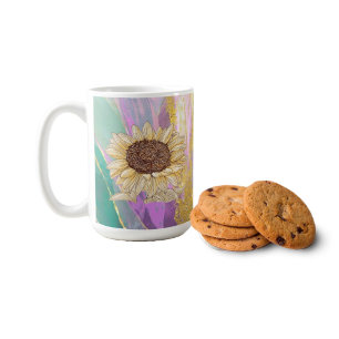 Farbenfroher metallischer floraler Hintergrund mit Kaffeetasse