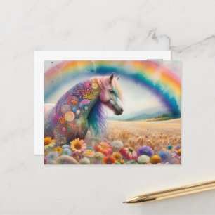 Farbenfroher Mustang unter einer Regenbogen-Wildbl Postkarte