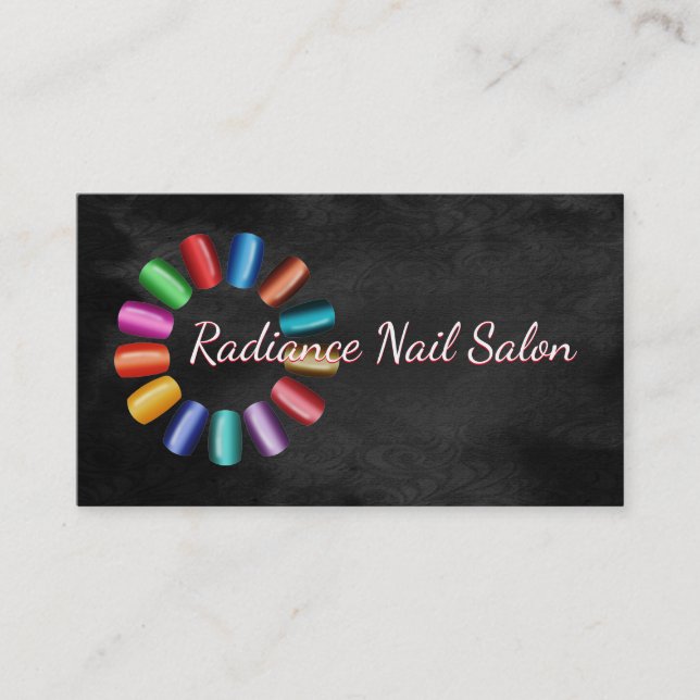 Farbenfroher Nagelsalon Regenbogen und schwarzer R Visitenkarte (Vorderseite)
