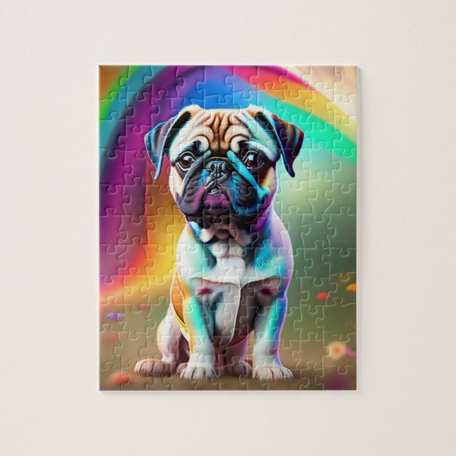 Farbenfroher Niedlicher kleiner Mops mit Regenboge Puzzle (Vertikal)
