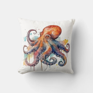 farbenfroher Oktopus in Wasserfarbe große Augen Kissen