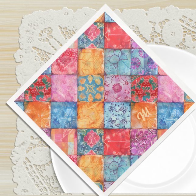 Farbenfroher Patchwork-Druck Monogramm Serviette (Von Creator hochgeladen)