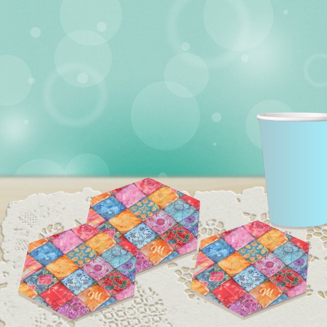 Farbenfroher Patchwork-Druck Monogramm Untersetzer (Von Creator hochgeladen)