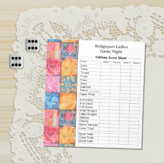 Farbenfroher Patchwork-Druck Yahtzee-Abend Notizblock
