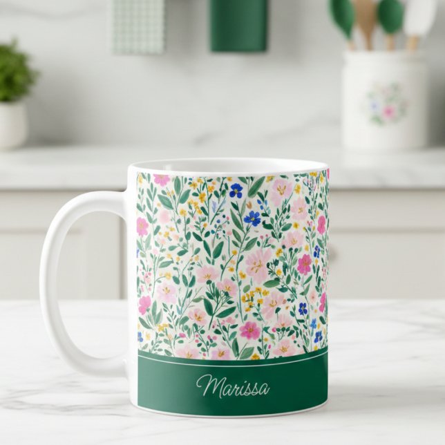 Farbenfroher personalisierter Blumenbecher Kaffeetasse (cute colorful floral green pink personalized mug with custom monogram name)