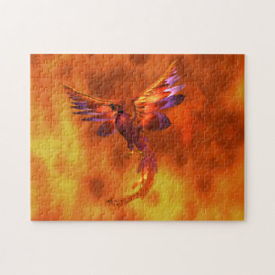 Farbenfroher Phönix fliegt vor einem frischen Hint Puzzle