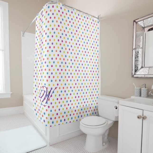 Farbenfroher Polka-Dot mit Monogram-Duschvorhang Duschvorhang (Beispiel)