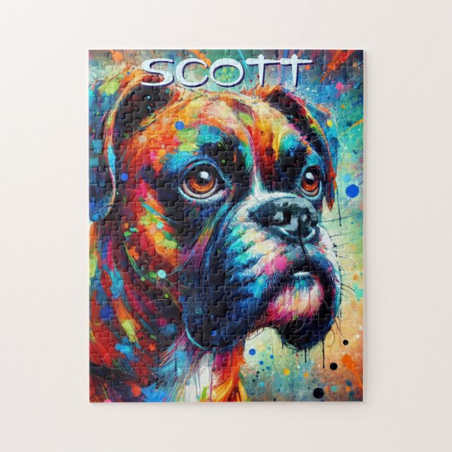 Farbenfroher Pop Boxer Dog Personalisiert Aquamari Puzzle (Vertikal)