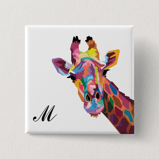 Farbenfroher Pop Kunst Giraffe Mit Monogramm Button (Vorderseite)