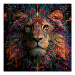 Farbenfroher psychedelischer Löwe mit floraler Mäh Poster