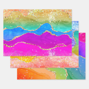 Farbenfroher Regenbogen Glitzerndes Glitter-Marmor Geschenkpapier Set