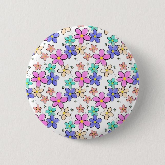 farbenfroher Regenbogen leuchtende Blumen Hummeln  Button (Vorderseite)