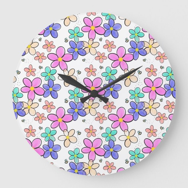 farbenfroher Regenbogen leuchtende Blumen Hummeln  Große Wanduhr (Vorderseite)