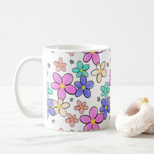 farbenfroher Regenbogen leuchtende Blumen Hummeln Kaffeetasse