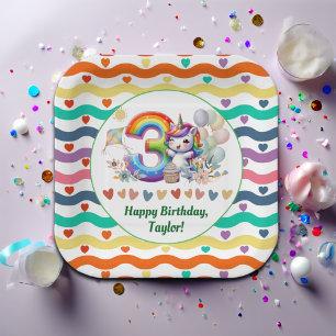 Farbenfroher Regenbogen und Einhorn 3. Geburtstag  Pappteller
