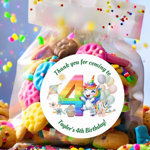 Farbenfroher Regenbogen und Einhorn 4. Geburtstag Runder Aufkleber