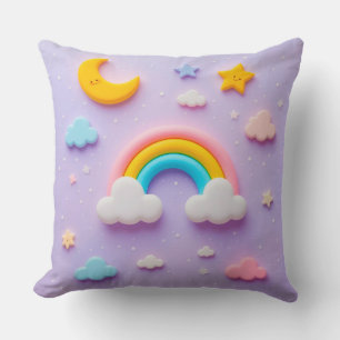 Farbenfroher Regenbogen und glückliche Wolken mit Kissen