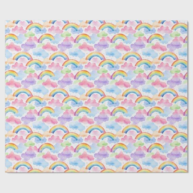 Farbenfroher Regenbogen, Wolke und Sternmuster Geschenkpapier (Flach)