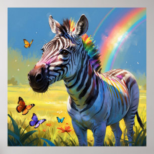Farbenfroher Regenbogen Zebra mit Schmetterlingsma Poster