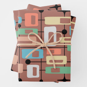 Farbenfroher Retro-Mid-Century-Modern-Atom-Abstrak Geschenkpapier Set