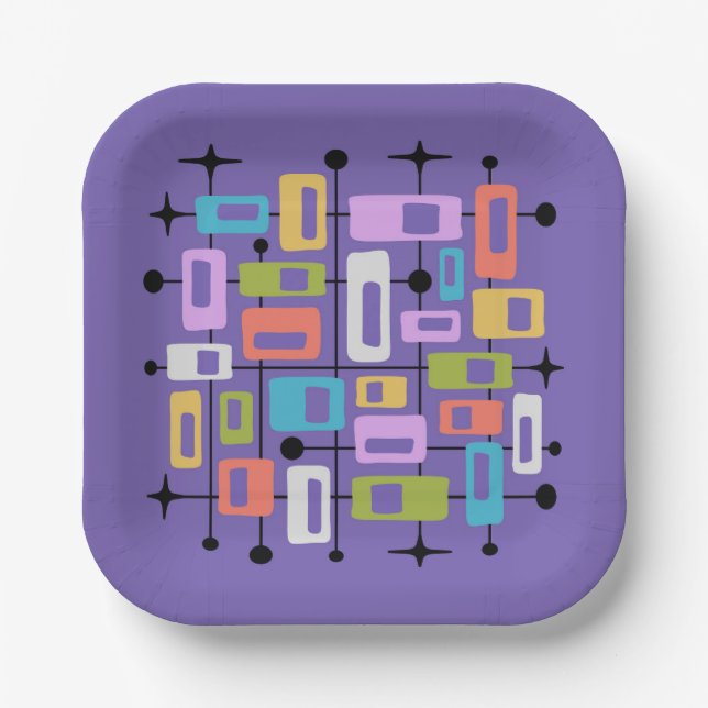 Farbenfroher Retro-Mid-Century-Modern-Atom-Abstrak Pappteller (Vorderseite)