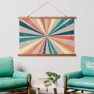 Farbenfroher Retro-Sonnenstrahl-Regenbogen Wandteppich Mit Holzrahmen