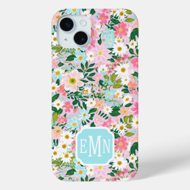 Farbenfroher rosa Blumen Garten Monogramm Case-Mate iPhone Hülle (Rückseite)